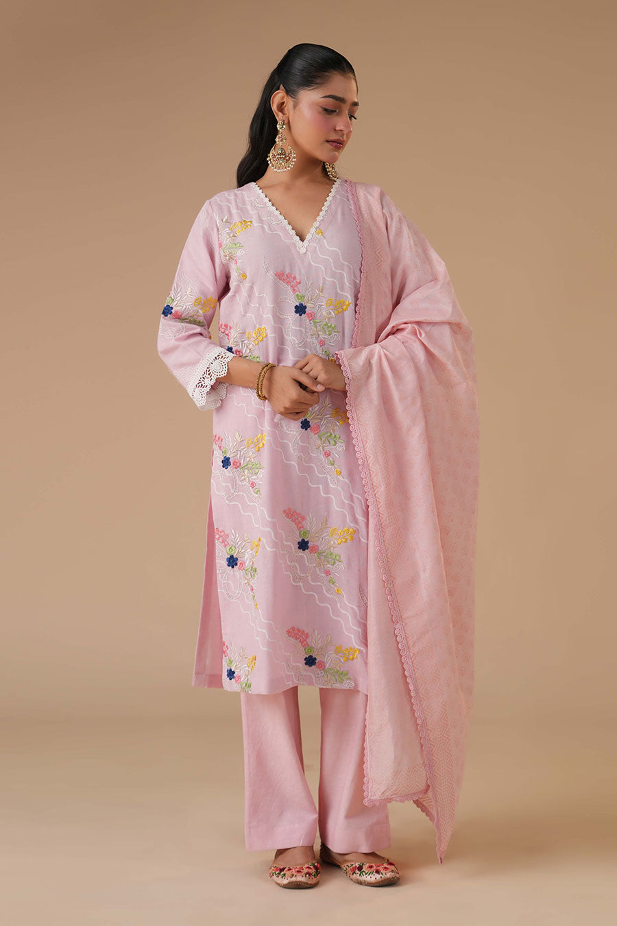 Nargis Pink Linen Embroidered Kurta Set