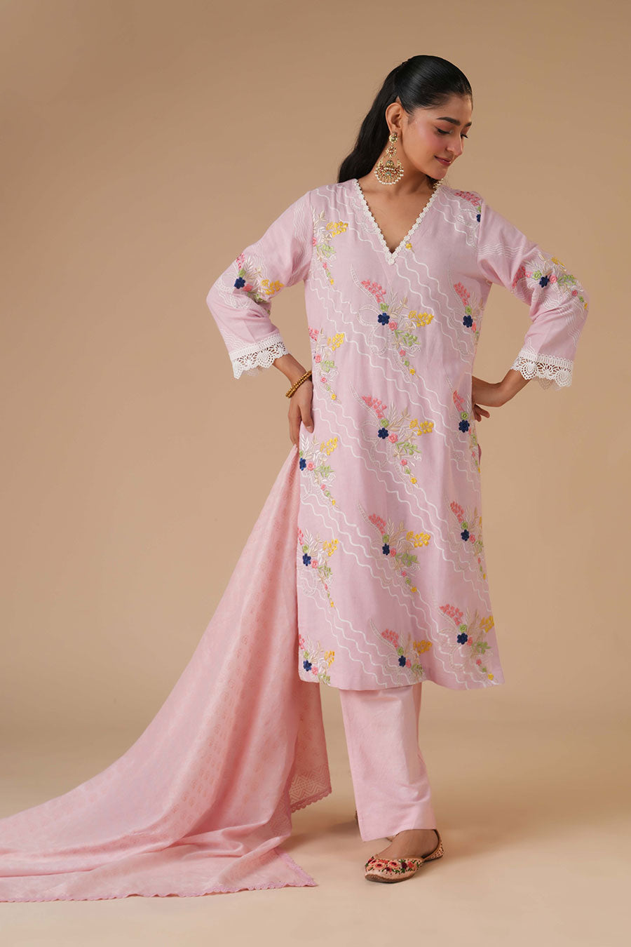 Nargis Pink Linen Embroidered Kurta Set