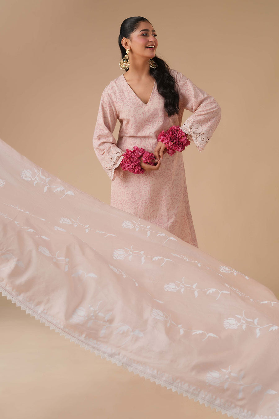 Lily Peach Linen Embroidered Kurta Set