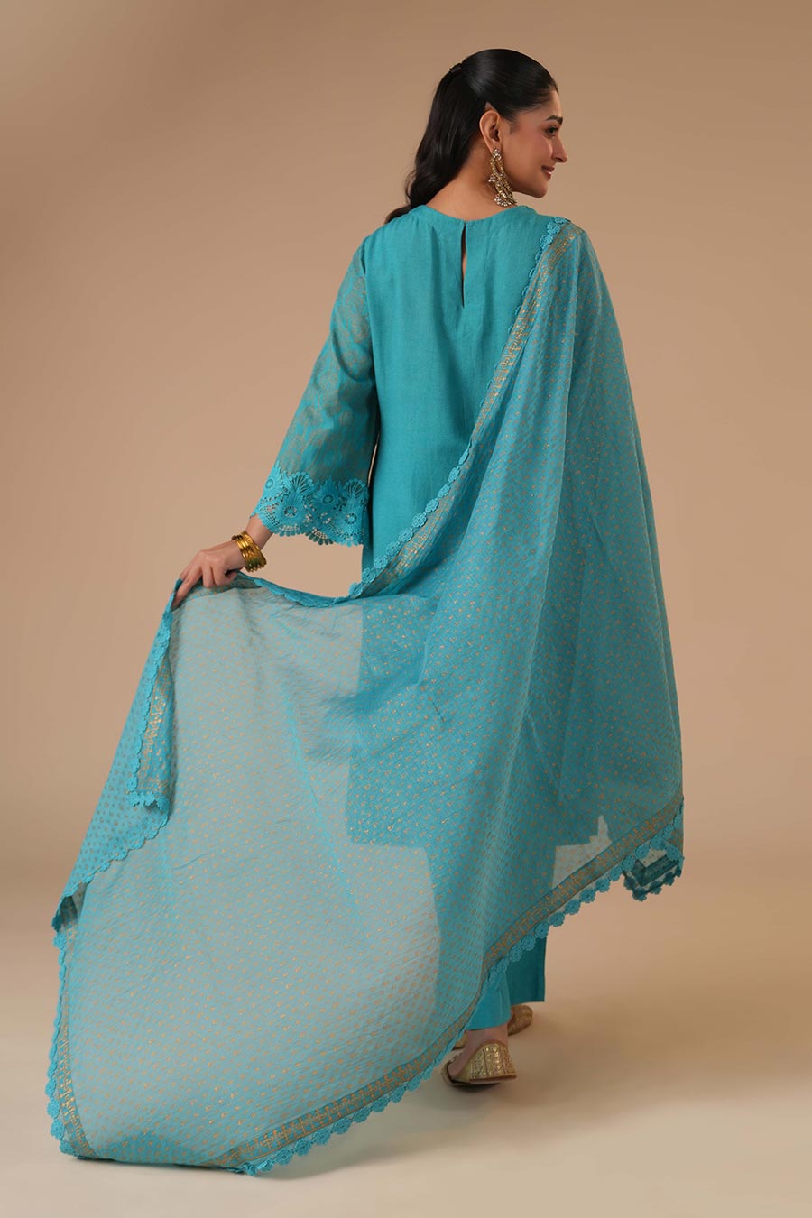 Sadabhar Teal Linen Embroidered Kurta Set