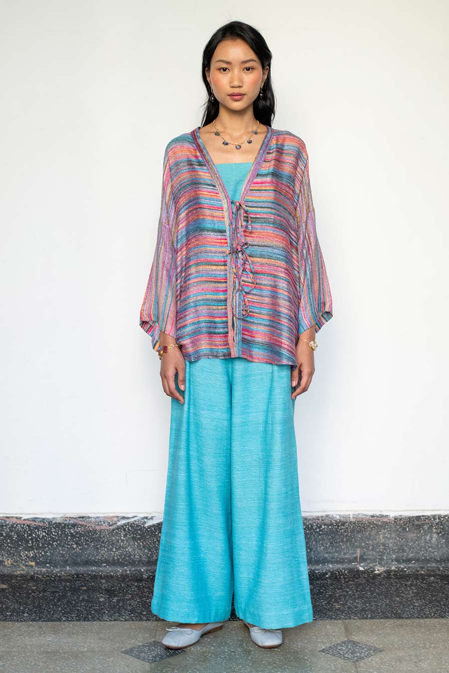 Ice-Blue Ukiyo Bralette & Pant Set With Multicolour Shrug