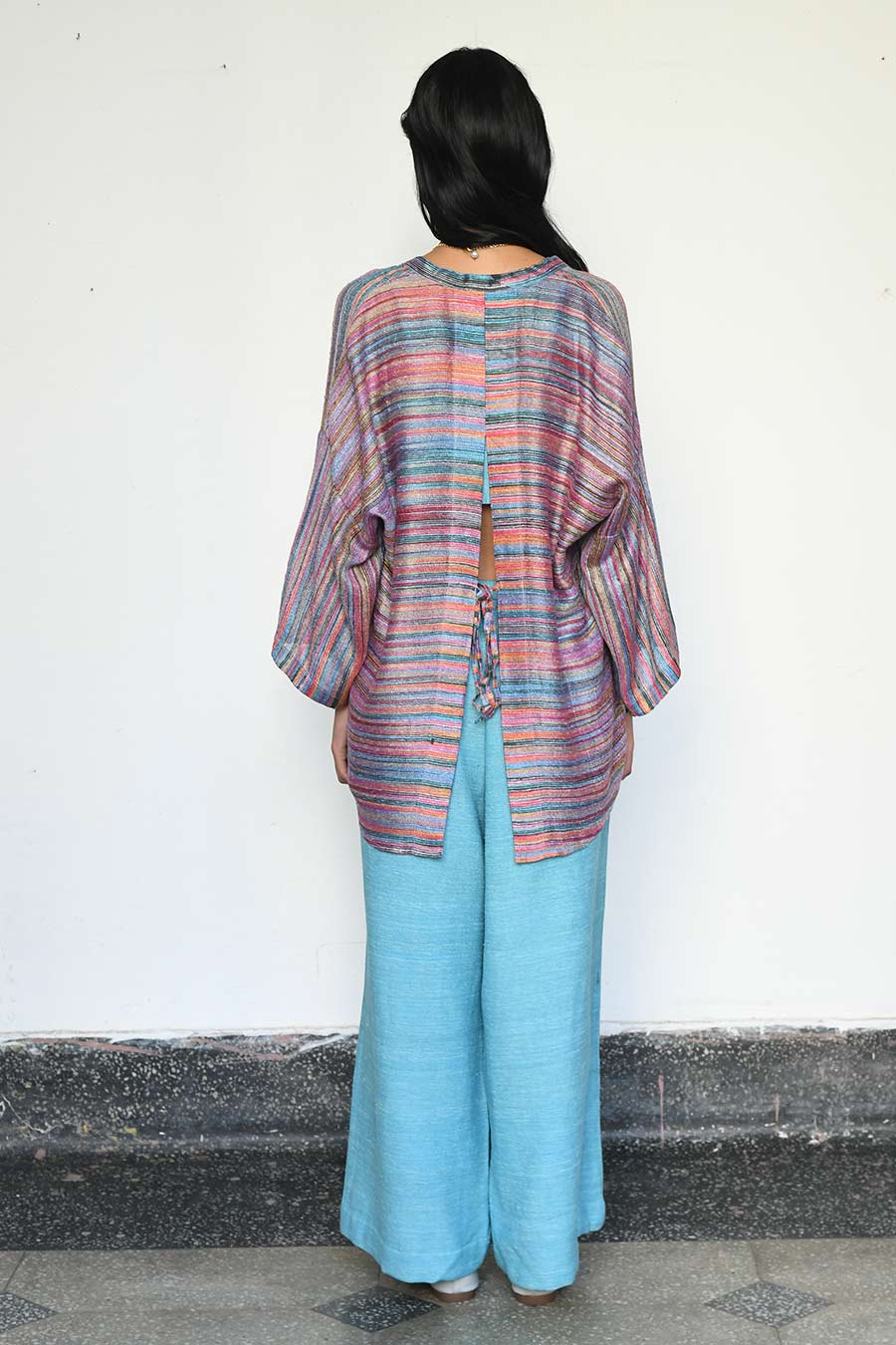Ice-Blue Ukiyo Bralette & Pant Set With Multicolour Shrug