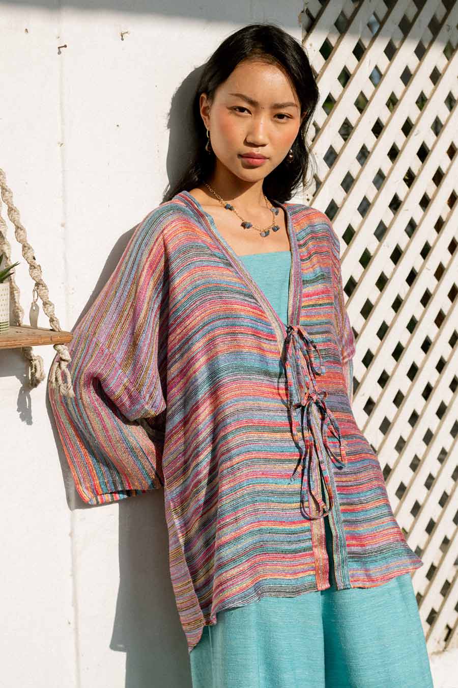 Ice-Blue Ukiyo Bralette & Pant Set With Multicolour Shrug