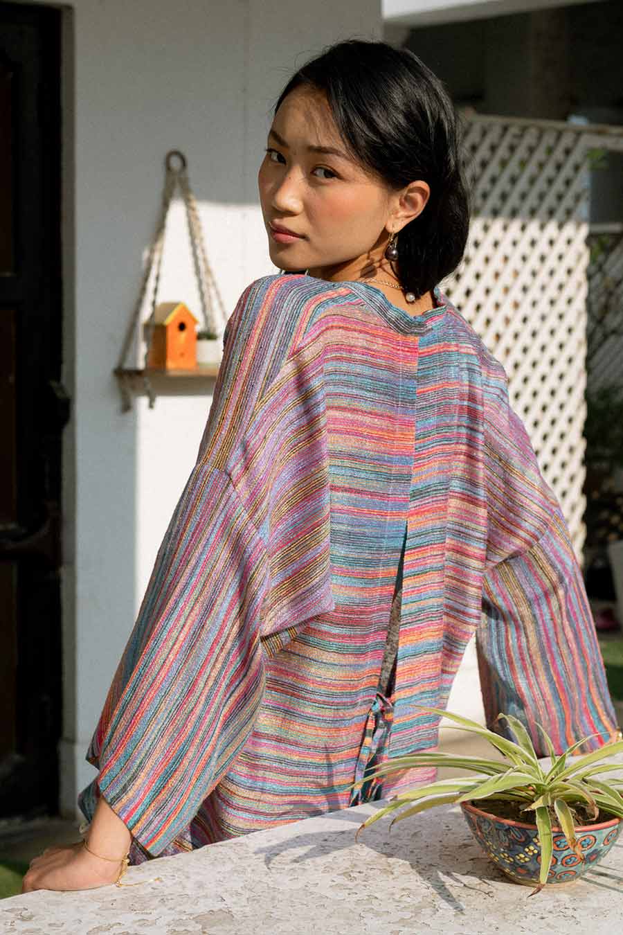 Ice-Blue Ukiyo Bralette & Pant Set With Multicolour Shrug