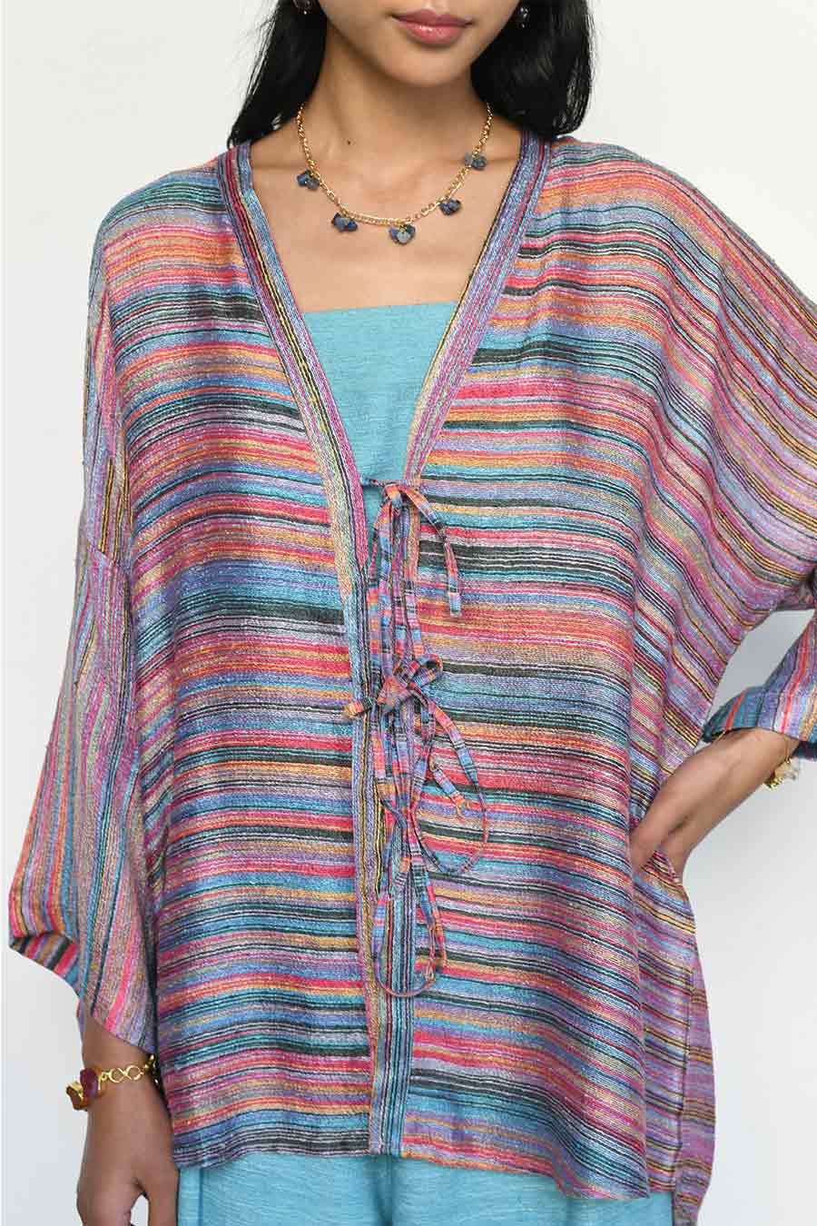 Ice-Blue Ukiyo Bralette & Pant Set With Multicolour Shrug