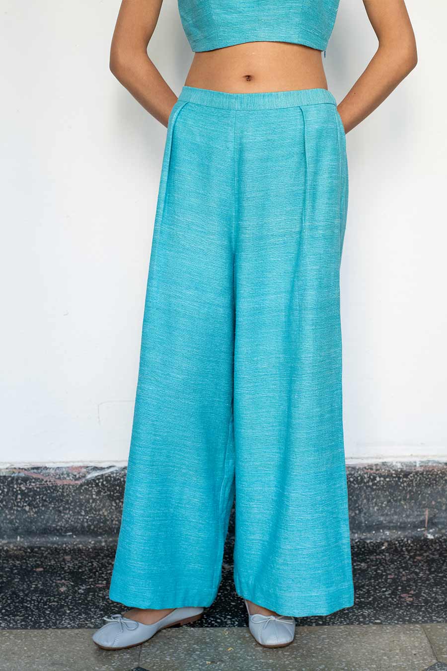 Ice-Blue Ukiyo Bralette & Pant Set With Multicolour Shrug