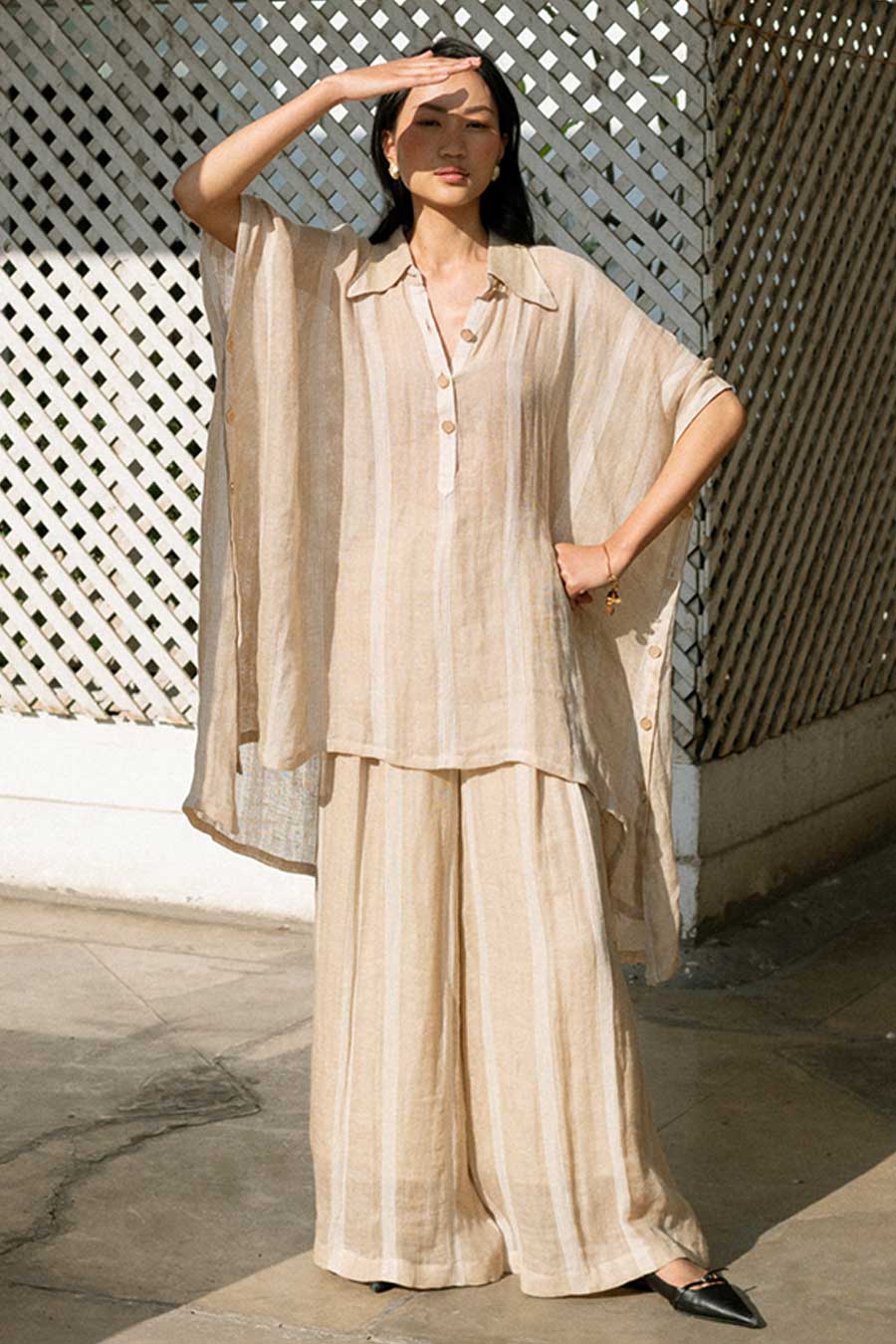 Beige Boketto Linen Kaftan Shirt & Pant Co-Ord Set