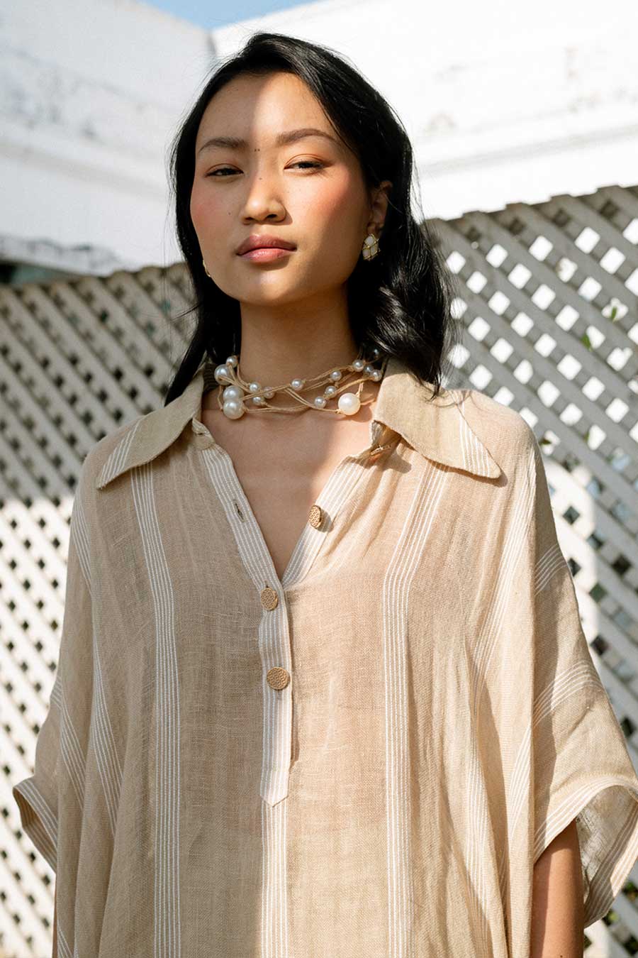 Beige Boketto Linen Kaftan Shirt & Pant Co-Ord Set