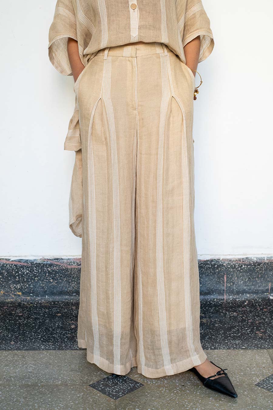 Beige Boketto Linen Kaftan Shirt & Pant Co-Ord Set