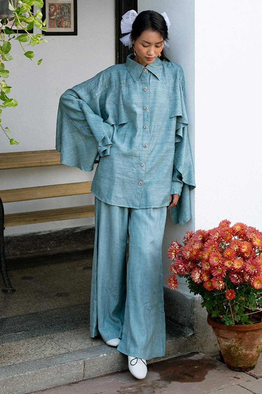 Marine Teal Blue Kokoro Linen Flared Shirt & Pant Co-Ord Set