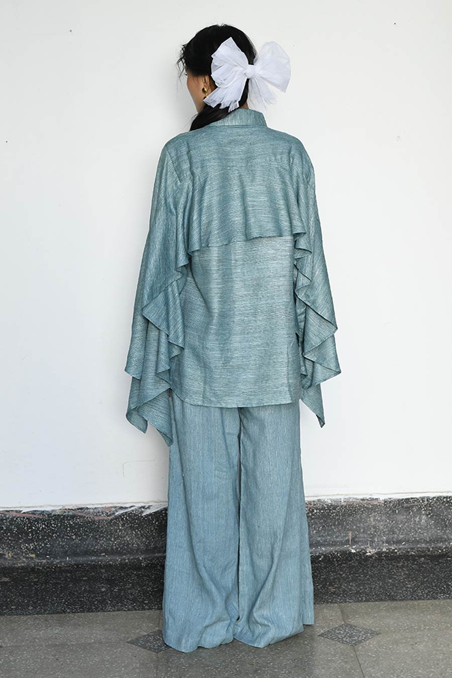 Marine Teal Blue Kokoro Linen Flared Shirt & Pant Co-Ord Set