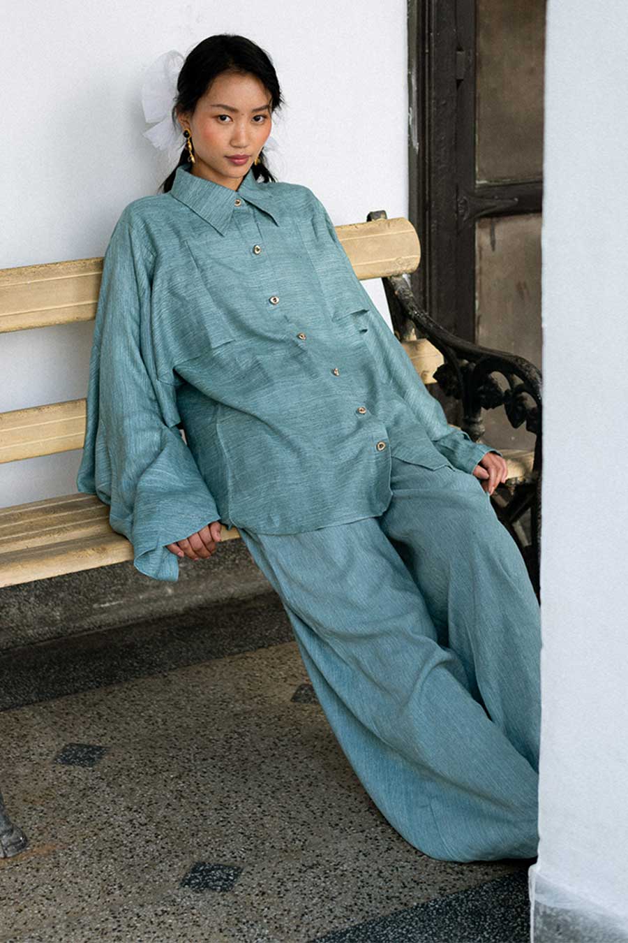 Marine Teal Blue Kokoro Linen Flared Shirt & Pant Co-Ord Set
