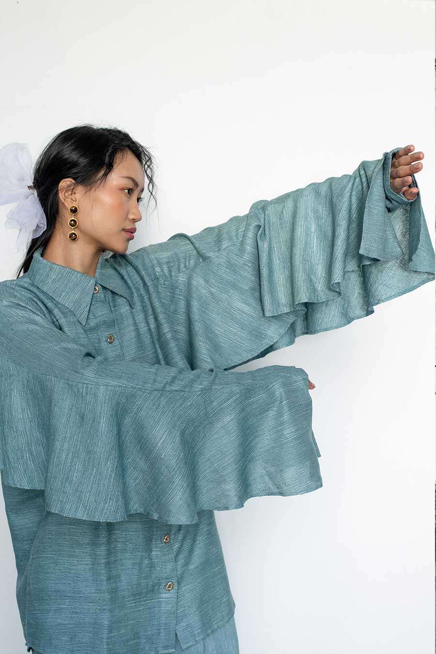 Marine Teal Blue Kokoro Linen Flared Shirt & Pant Co-Ord Set