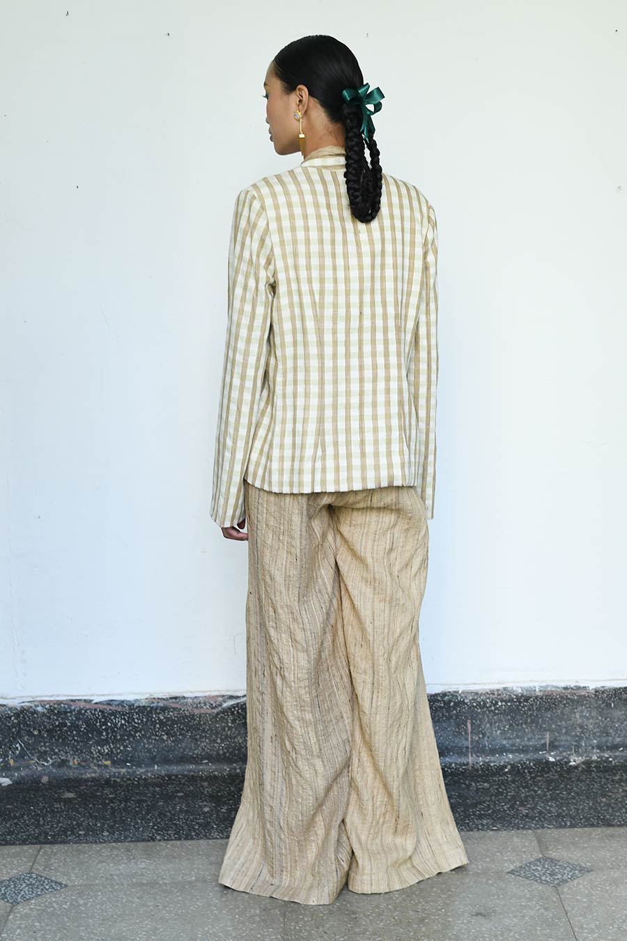 Beige Shin Linen Silk Bustier, Coat & Pant Co-Ord Set
