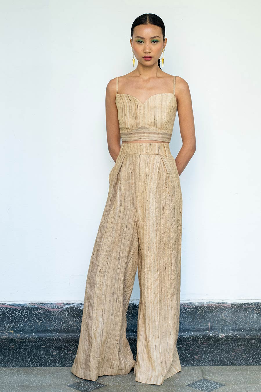 Beige Shin Linen Silk Bustier, Coat & Pant Co-Ord Set
