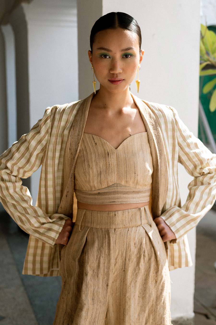 Beige Shin Linen Silk Bustier, Coat & Pant Co-Ord Set