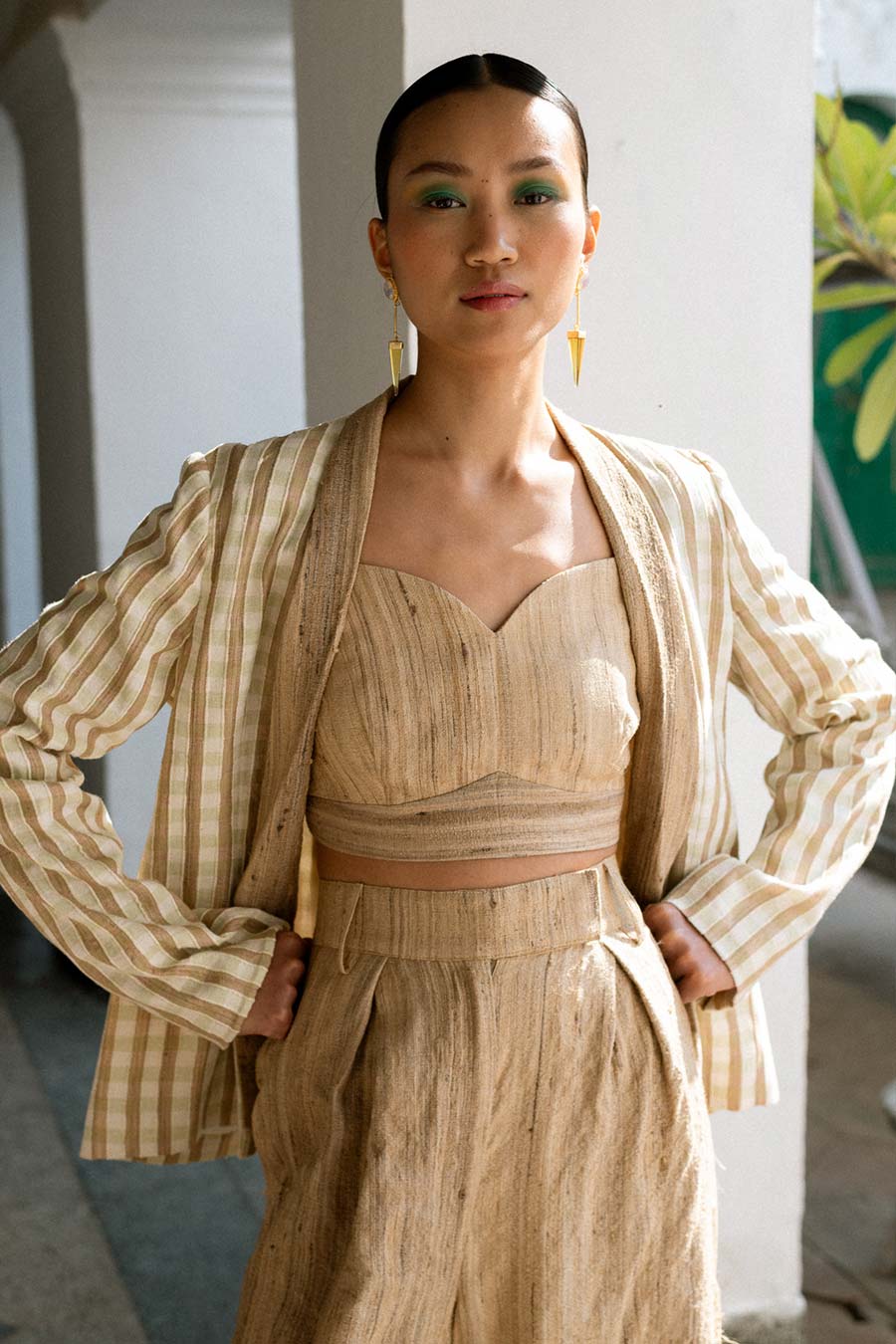 Beige Shin Linen Silk Bustier, Coat & Pant Co-Ord Set