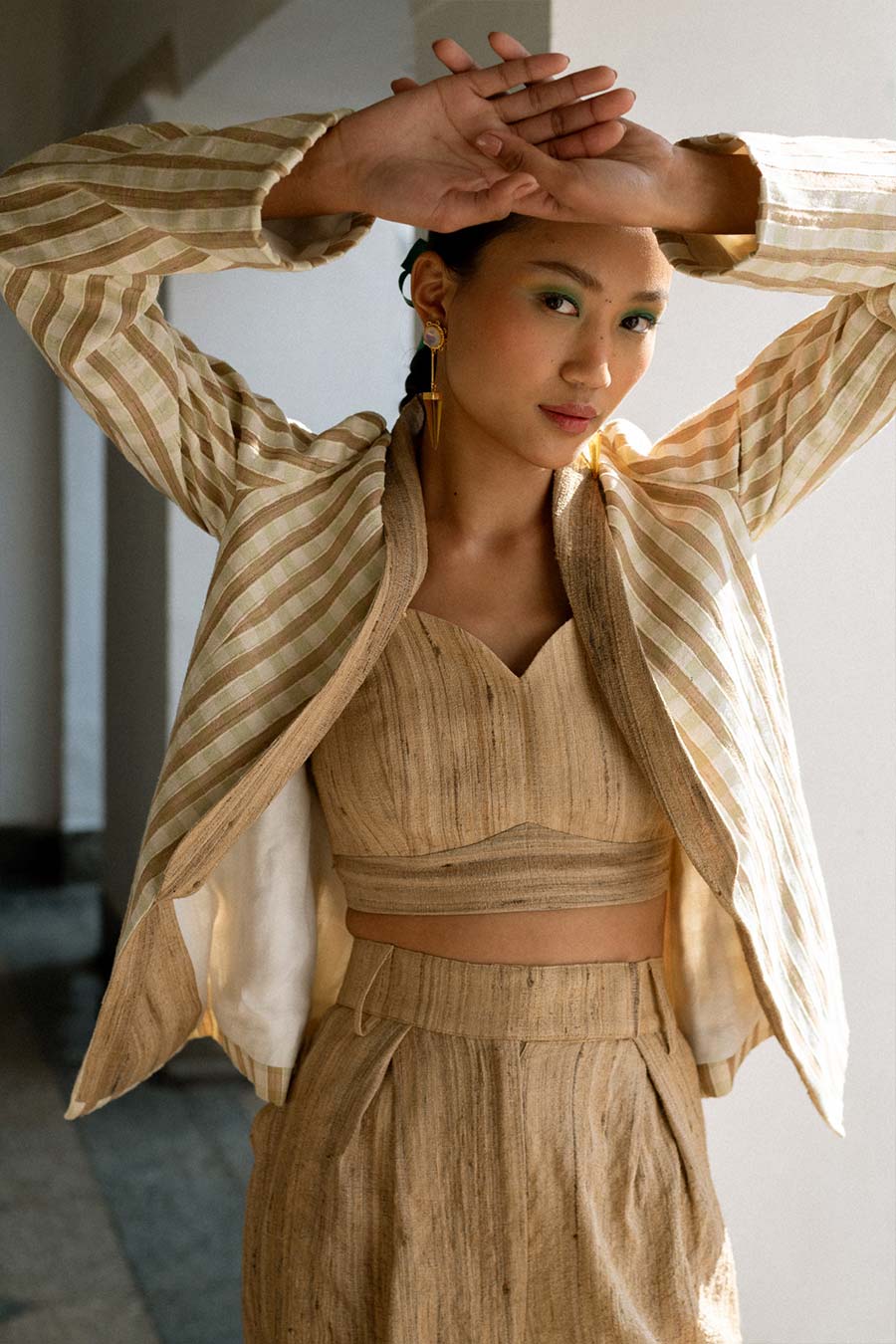 Beige Shin Linen Silk Bustier, Coat & Pant Co-Ord Set