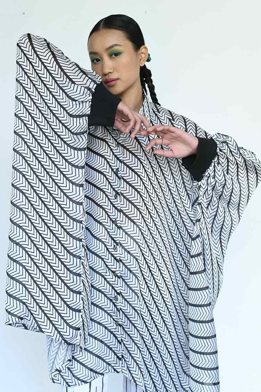 Black & White Muga Printed Kaftan Shirt & Pant Co-Ord Set