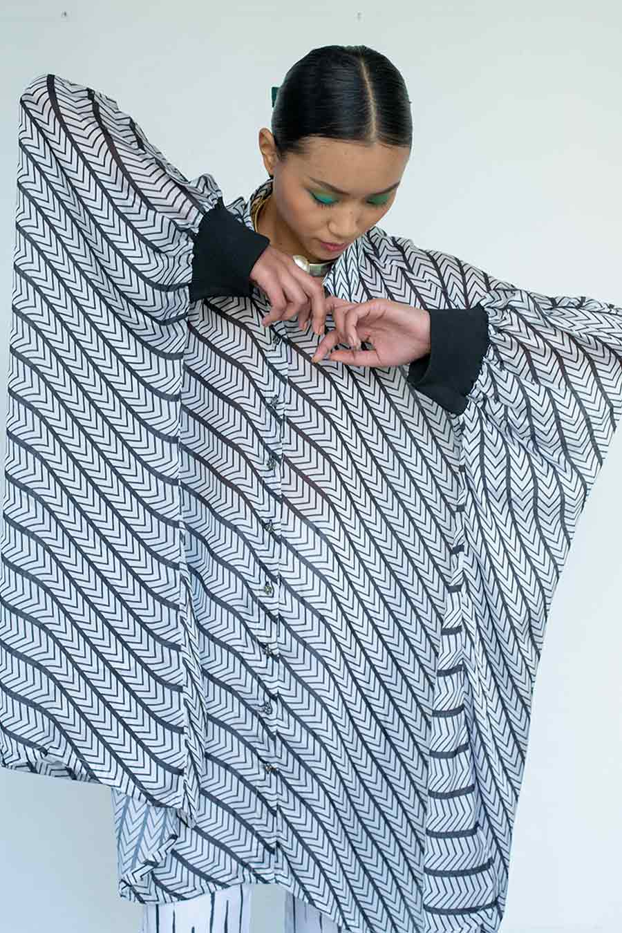 Black & White Muga Printed Kaftan Shirt & Pant Co-Ord Set