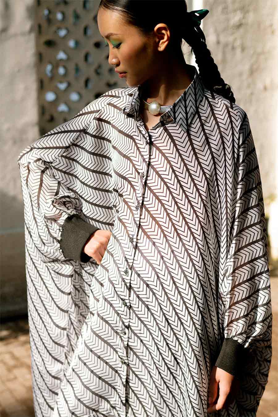 Black & White Muga Printed Kaftan Shirt & Pant Co-Ord Set