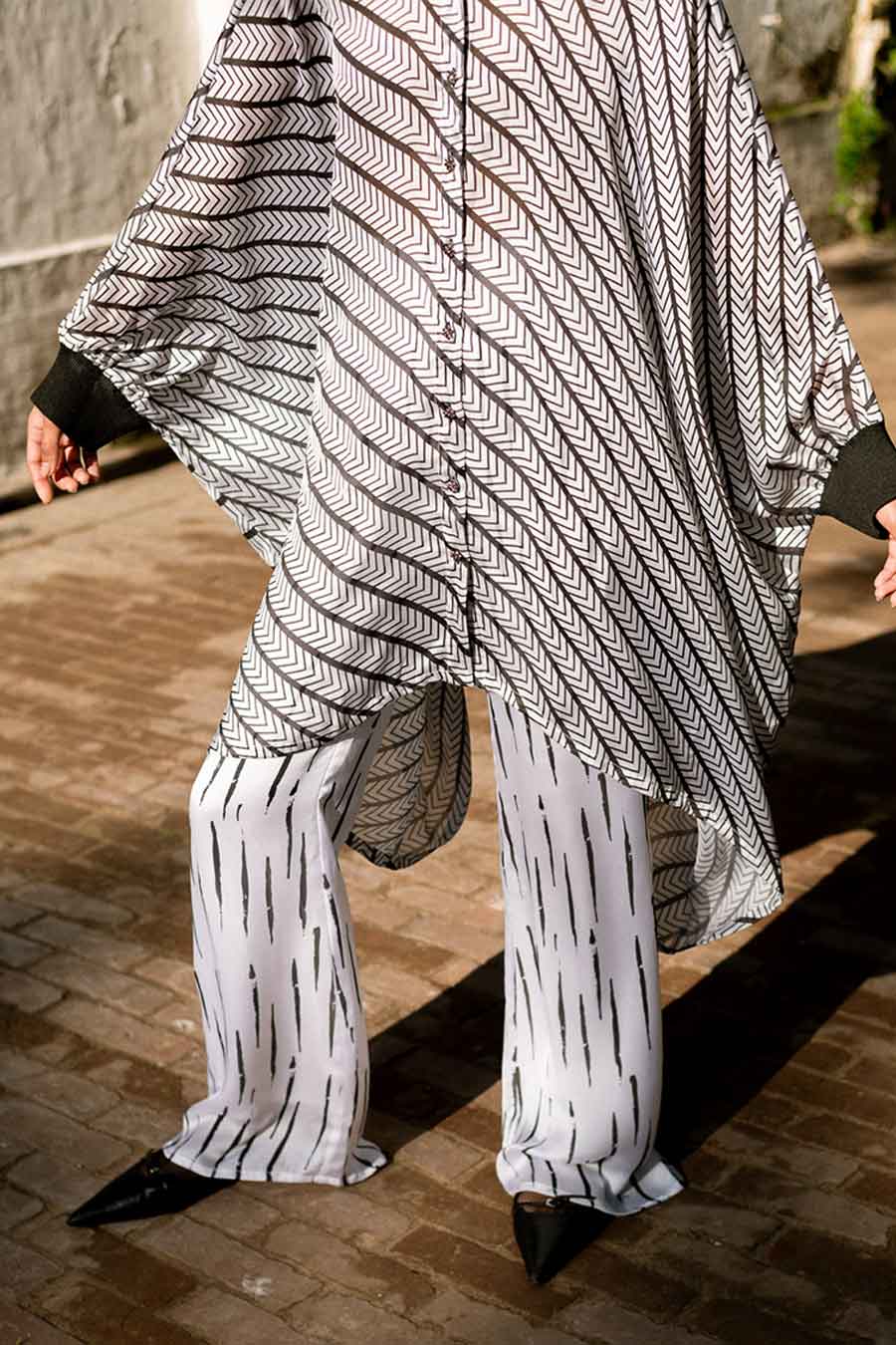 Black & White Muga Printed Kaftan Shirt & Pant Co-Ord Set