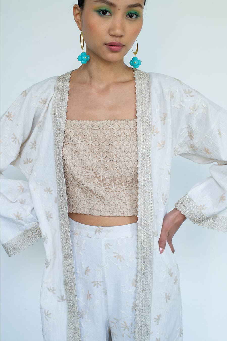 Warm Cream Akira Linen Bustier, Jacket & Pant Co-Ord Set