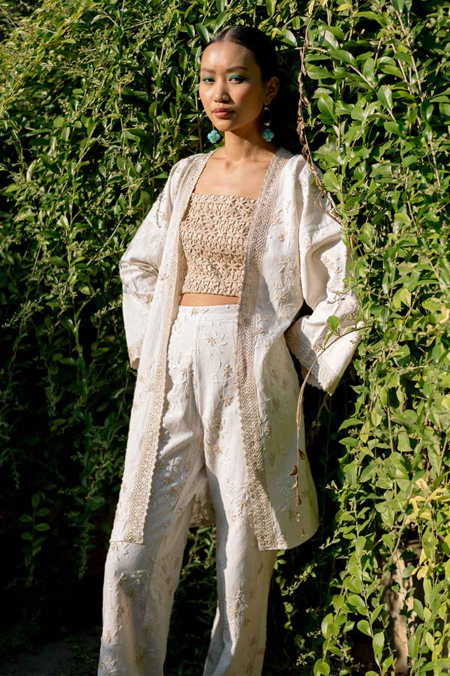 Warm Cream Akira Linen Bustier, Jacket & Pant Co-Ord Set
