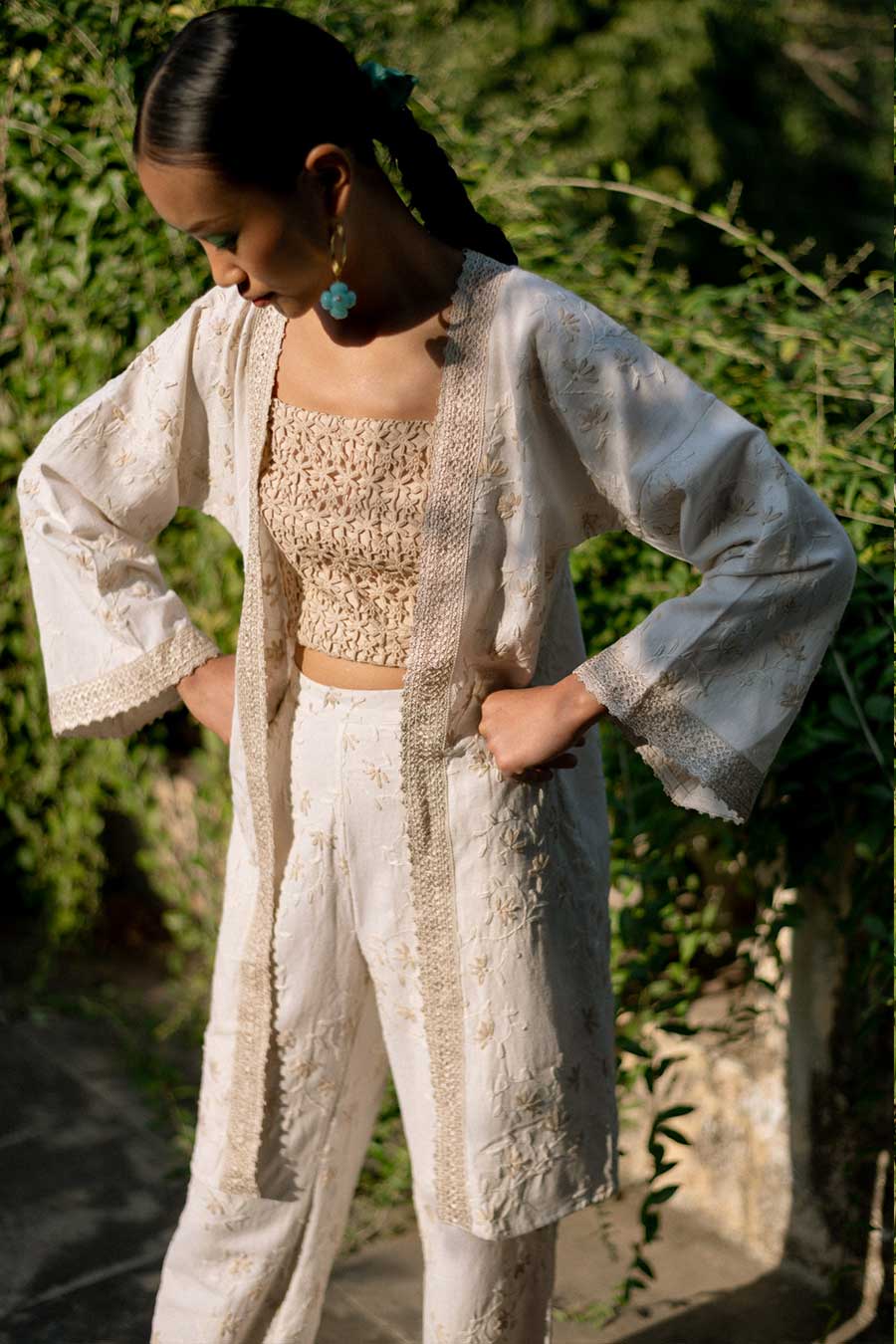 Warm Cream Akira Linen Bustier, Jacket & Pant Co-Ord Set
