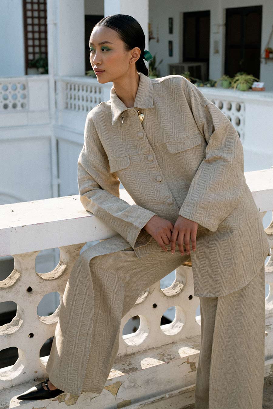 Beige Uka Linen Oversized Shirt & Pant Co-Ord Set