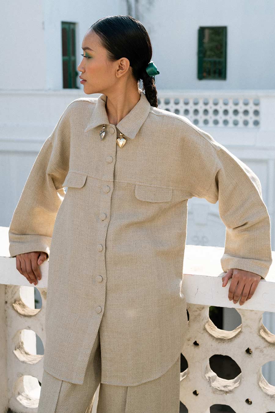 Beige Uka Linen Oversized Shirt & Pant Co-Ord Set