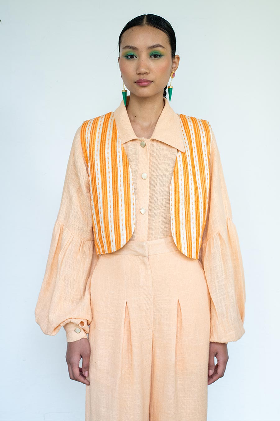 Peach Jihi Linen Shirt, Waistcoat & Pant Co-Ord Set