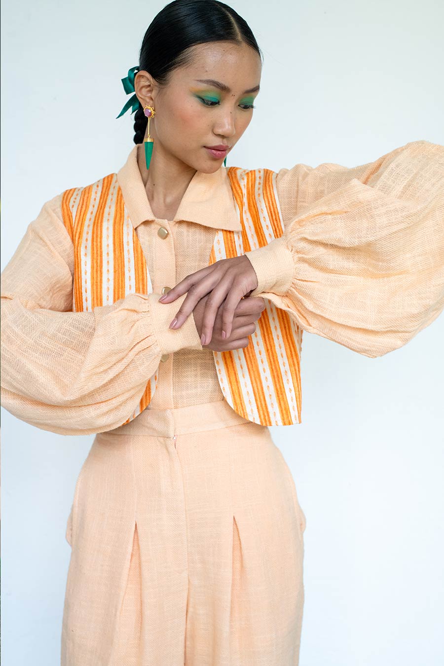 Peach Jihi Linen Shirt, Waistcoat & Pant Co-Ord Set