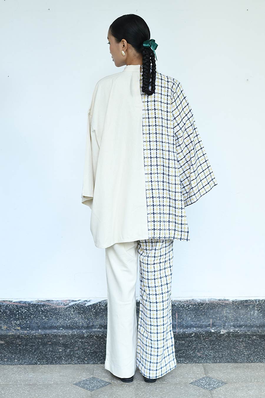 Cream Gaman Linen Half-N-Half Top & Pant Co-Ord Set