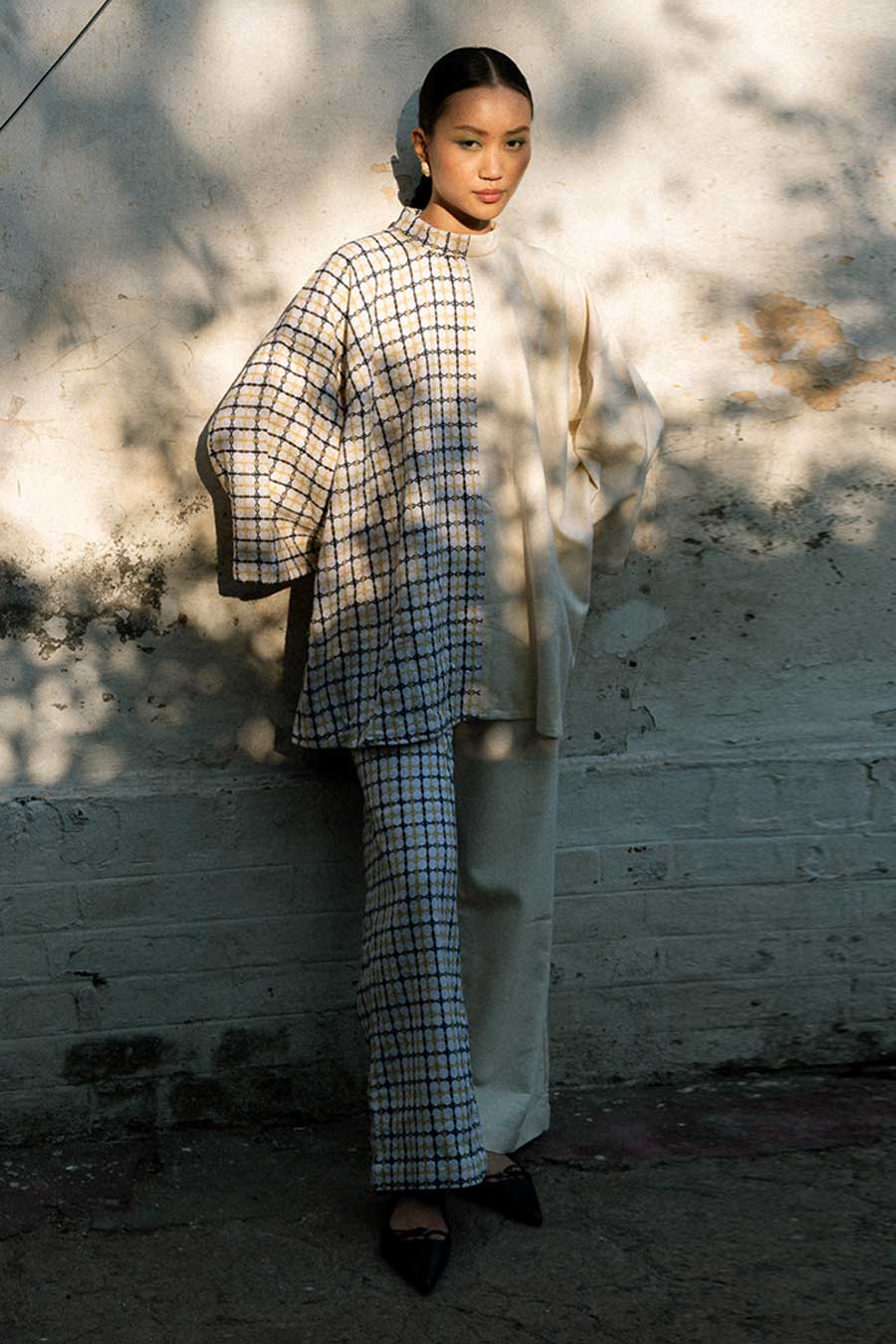 Cream Gaman Linen Half-N-Half Top & Pant Co-Ord Set