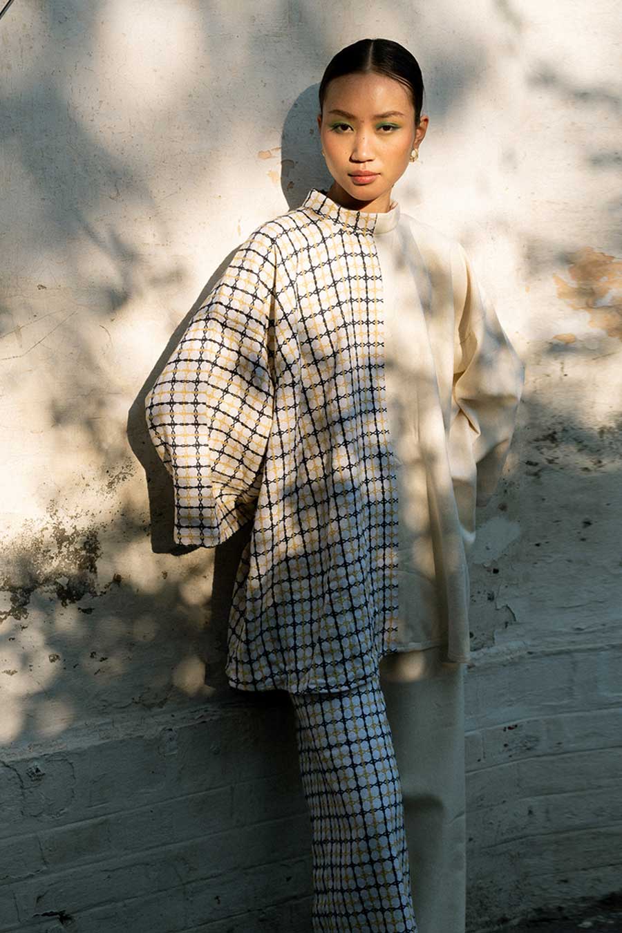 Cream Gaman Linen Half-N-Half Top & Pant Co-Ord Set