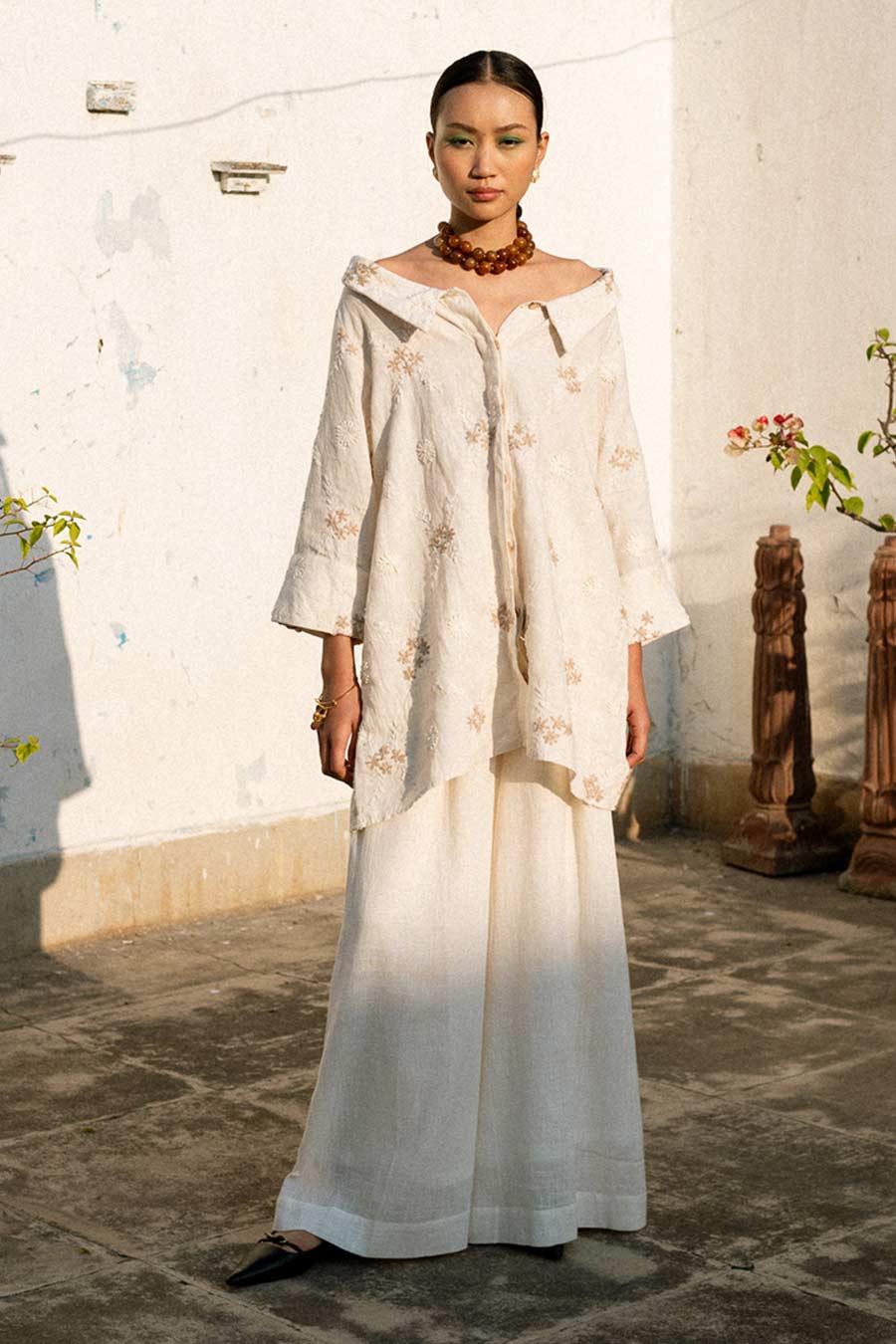 Cream Mokoto Linen Embroidered Shirt & Pant Co-Ord Set