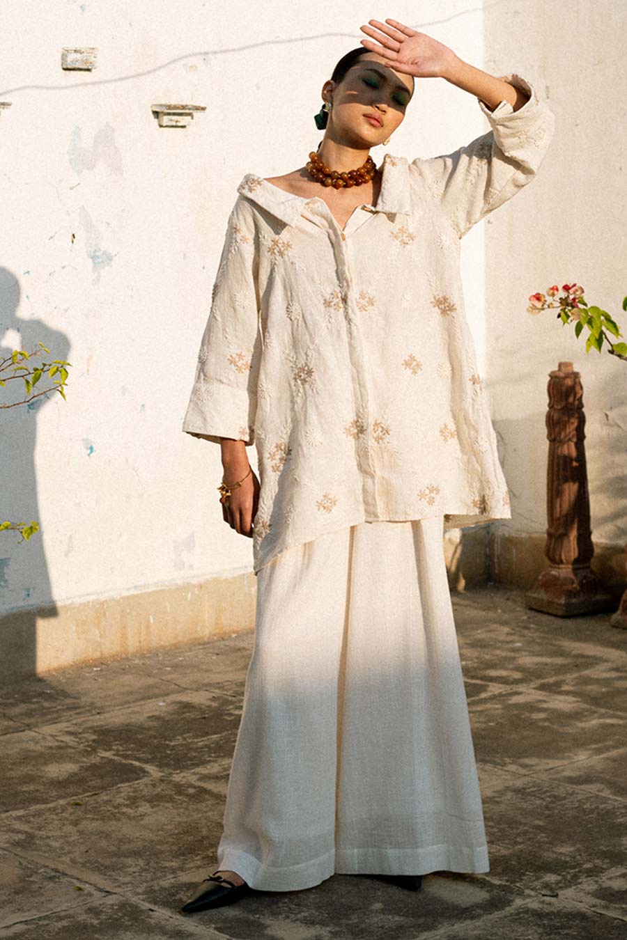 Cream Mokoto Linen Embroidered Shirt & Pant Co-Ord Set