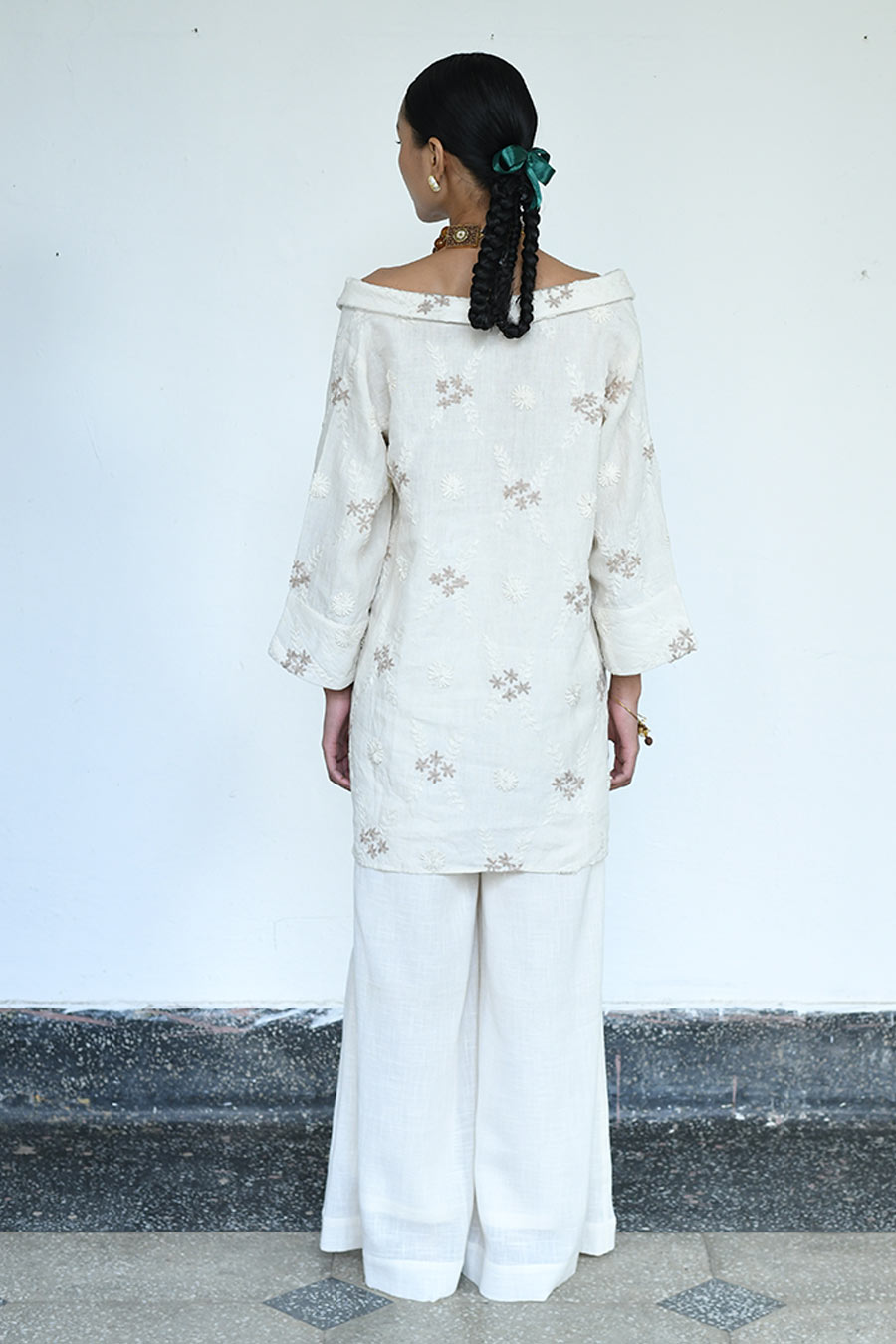 Cream Mokoto Linen Embroidered Shirt & Pant Co-Ord Set