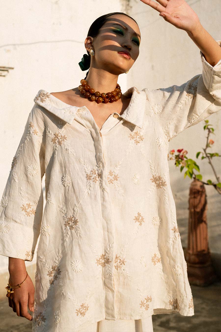 Cream Mokoto Linen Embroidered Shirt & Pant Co-Ord Set