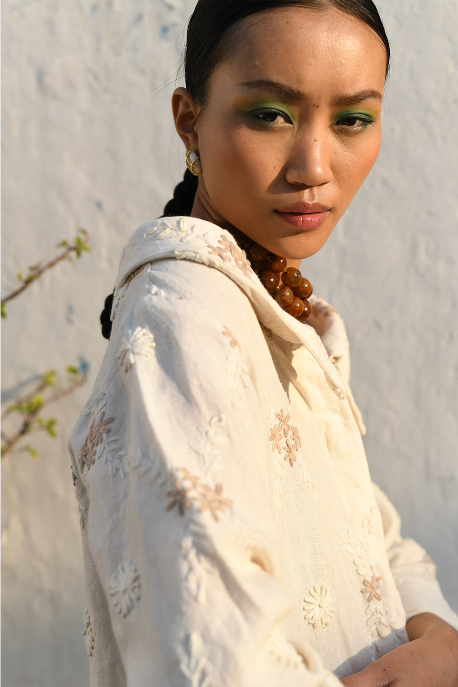 Cream Mokoto Linen Embroidered Shirt & Pant Co-Ord Set