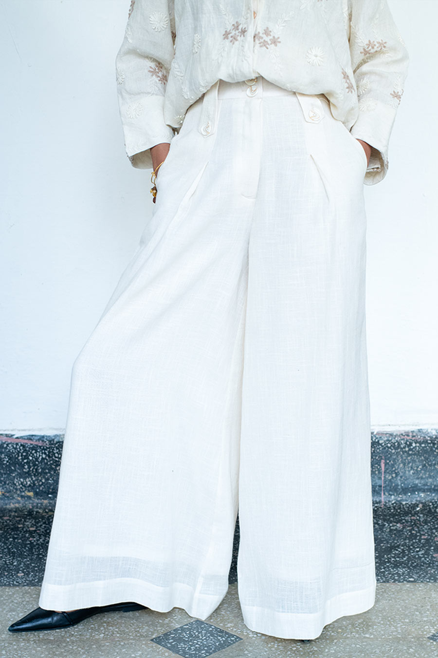 Cream Mokoto Linen Embroidered Shirt & Pant Co-Ord Set