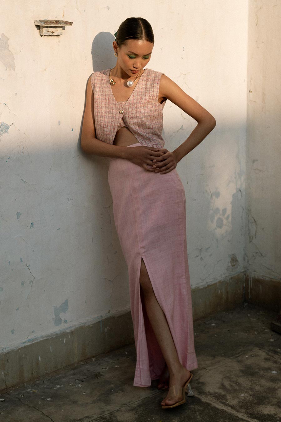 Pink Yukimi Linen Bustier, Waistcoat & Skirt Co-Ord Set