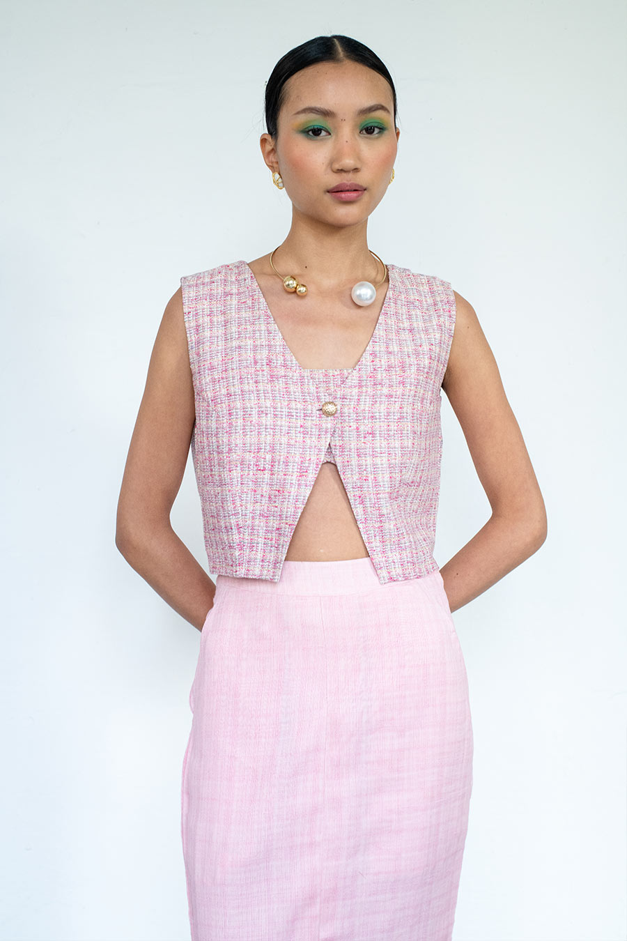 Pink Yukimi Linen Bustier, Waistcoat & Skirt Co-Ord Set