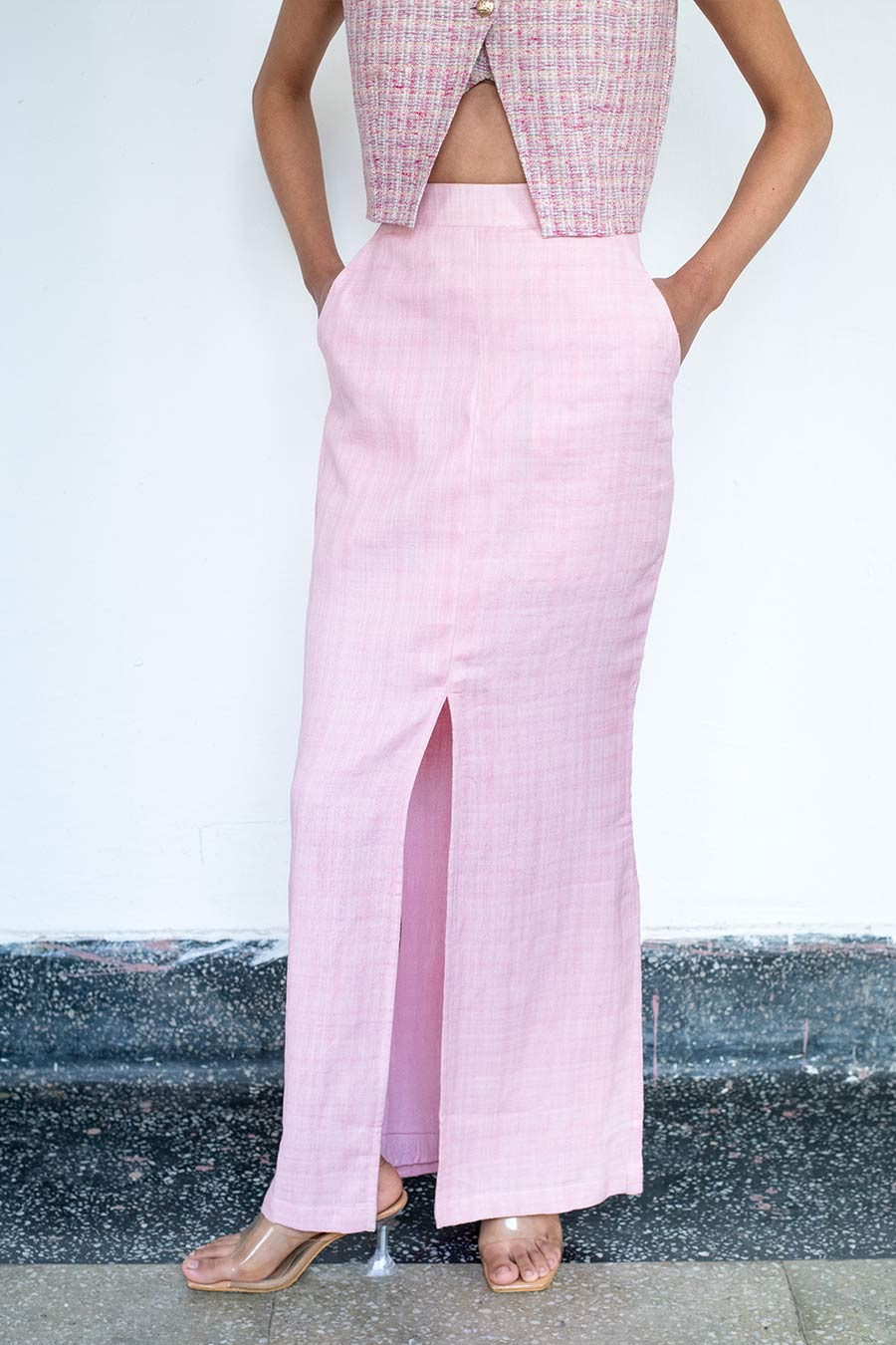 Pink Yukimi Linen Bustier, Waistcoat & Skirt Co-Ord Set