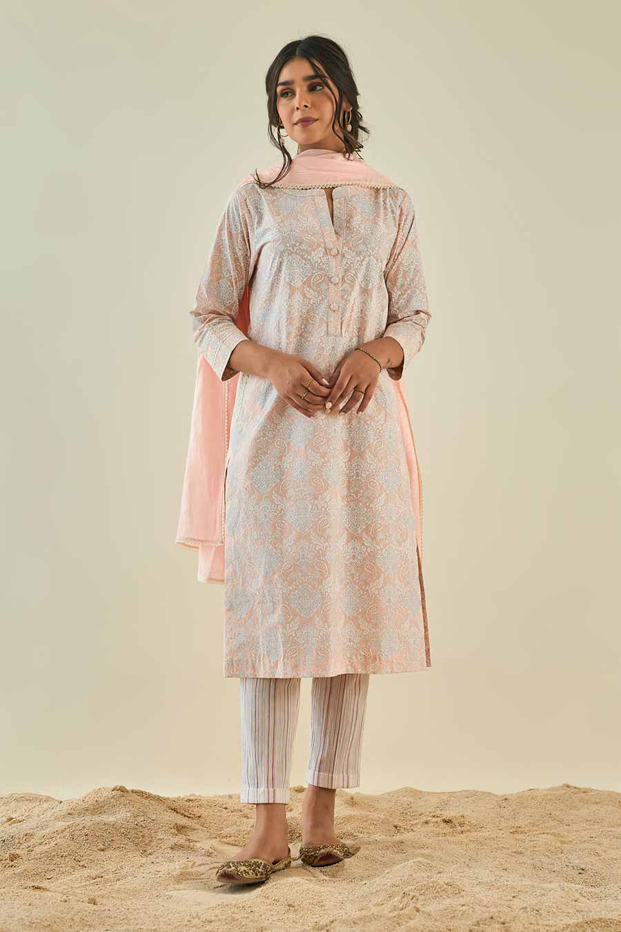 Pink Foil Print Kurta Set