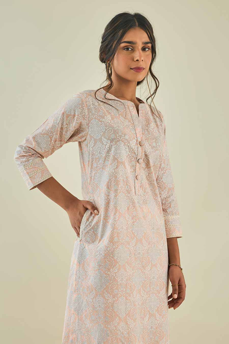 Pink Foil Print Kurta Set