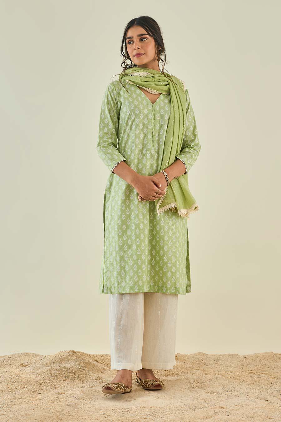 Green Printed Kurta Set