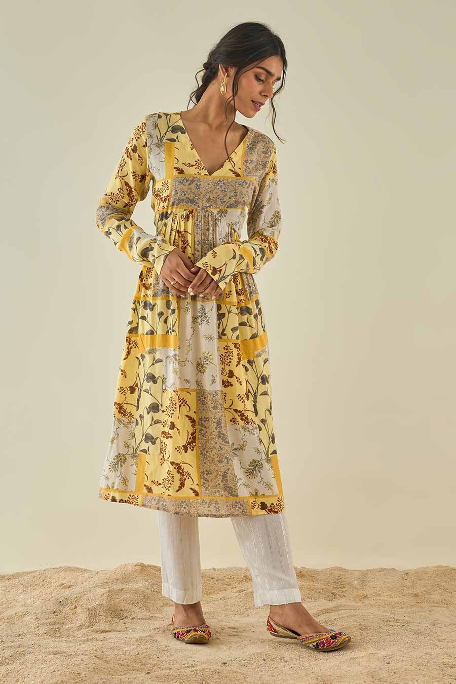 Yellow Printed Kurta & Churidar Set With Stole
