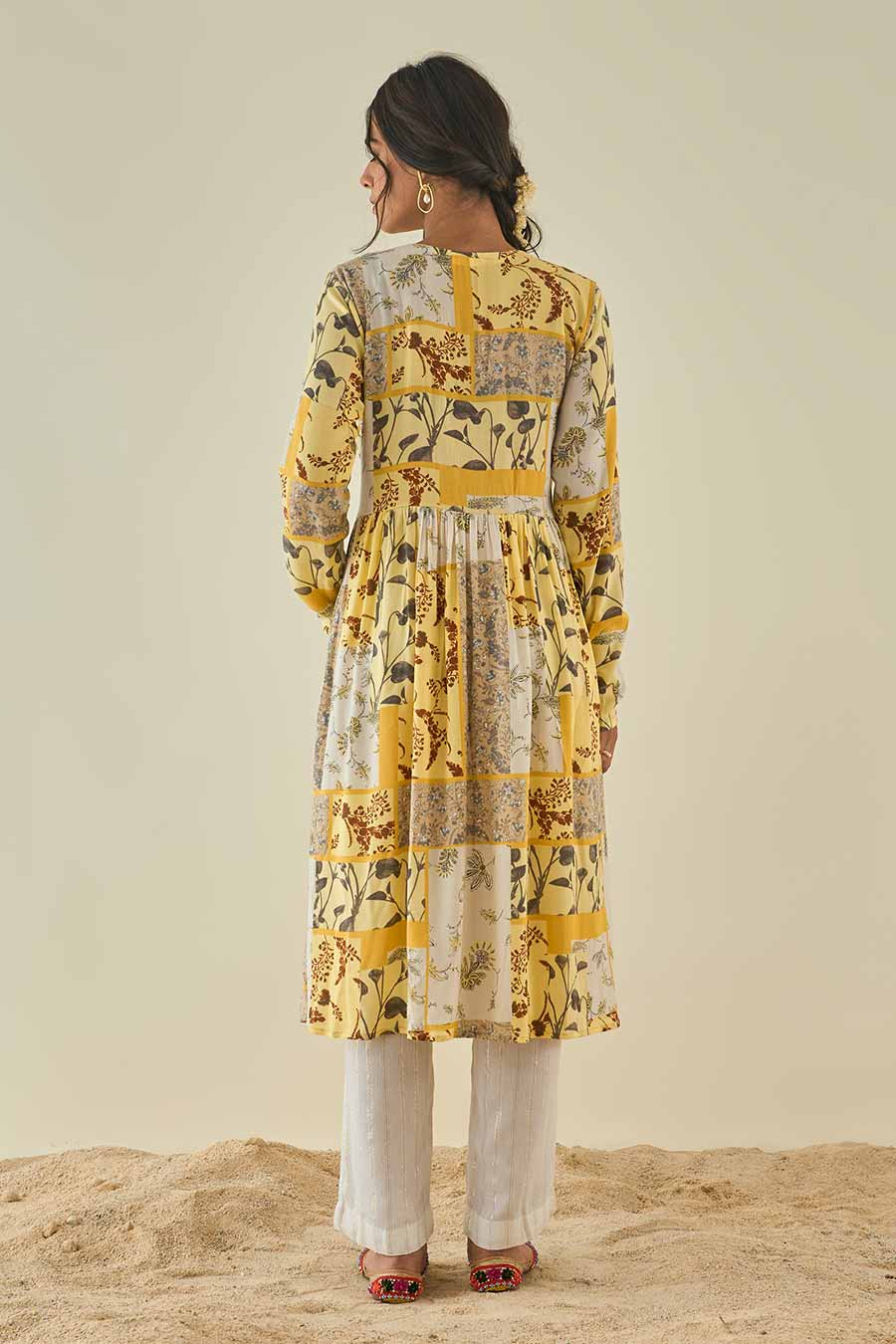 Yellow Printed Kurta & Churidar Set With Stole